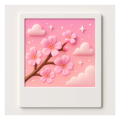 A polaroid picture with pink cherry blossoms and a pink sky with stars and clouds, in 3D iOS style, with a white background. sticker