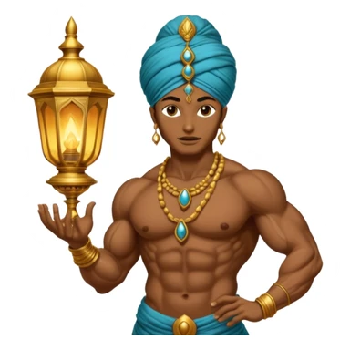 mystical fantasy illustration of a powerful jinn emerging from an ancient golden lamp.  sticker