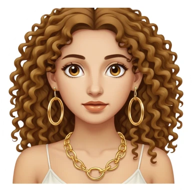 attractive Greek woman with long curly hair and light skin wearing gold hoop earrings and a gold necklace sticker