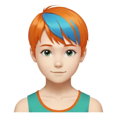 A boy with a feminine appearance, bright orange short hair with bright blue-green at the bangs and the ends of the back hair. The hairstyle is straight to the bangs, the length of the sideburns reaches the collarbone and a small ponytail tied to the side. The eye color is light brown with a little orange. He is usually smiling. The eyebrows have a little bit of a splayed eyebrow, and the angle of the eyes is a little bit foxy. sticker