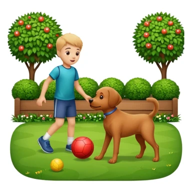kid and dog playing with ball, garden background sticker