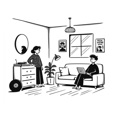 A mid-century modern living room with two people working on laptops — a woman standing at a dresser and a man sitting on a couch. The room has visible floor and two walls forming a corner, large window, modern pendant lamp, turntable, vinyl record stand, retro posters on the wall sticker