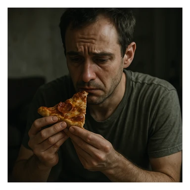 hyperrealistic man eating a slice of pizza, his face and body language express strong guilt, tense expression, downcast or worried gaze, realistic environment, detailed, intense atmosphere sticker