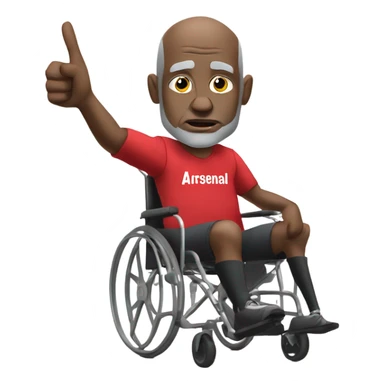 old black bald man with a round belly in wheelchair. angry face. grey stubble. he is pointing finger in front. wearing Arsenal soccer shirt. word bubble sticker