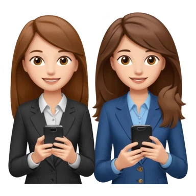 two brown haired girls, looking professional maybe leaned back on back and looking forward and using phones, with longer hair and with some cute clothes sticker