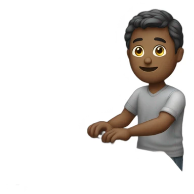 Man standing on a desk working on a computer sticker