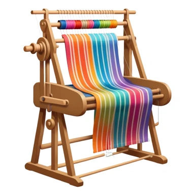 Weaving icon, loom with colorful fabric being woven, visible shuttle, spools of yarn, fabric swatches, sewing patterns, and finished clothing items, minimalistic style, clean lines, transparent background. sticker