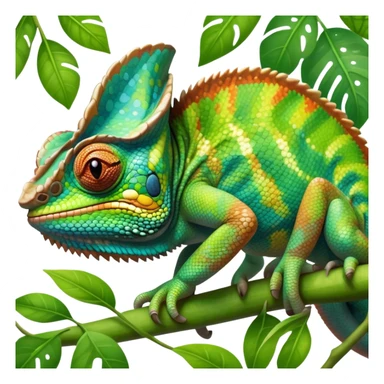 giant-chameleon-realistic emoji,-blending-with-vibrant-greenery.-detailed-scales-in-shifting-colors,-showing-the-chameleon’s-ability-to-camouflage.-soft-natural-light-highlights-its-texture.-nature-background, zoomed into its face sticker