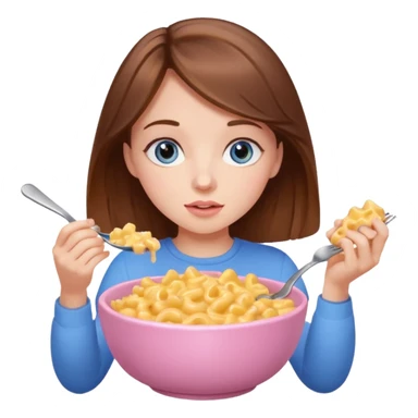 girl with brown hair and blue eyes eating mac and cheese out of a pastel pink bowl sticker