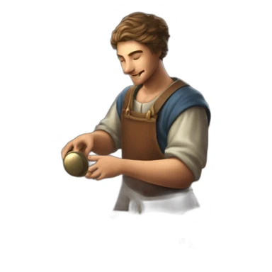 old and experience coin engraver apprentice yielding a coin, medieval age sticker