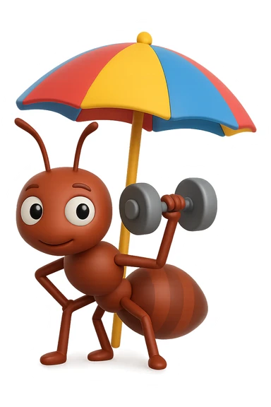 EMOJI STILE IPHONE 3D DI una formica che si allena sotto l'ombrellone in spiaggia con un manubrio da palestra in mano, fagli anche la parte bianca degli occhi, non solo la pupilla sticker