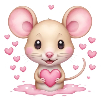 This is a cute watercolor illustration of a small, cream cartoon mouse with large, round, pink-lined ears. The mouse has heart eyes, a small open mouth, and is surrounded by floating pink hearts, conveying a feeling of love, adoration, or strong affection. sticker