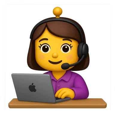Create an image of a recruiter robot emoji that is even cuter and more feminine, in an apple style, flat, at a desk, wearing a headset, typing on a laptop. The background should be transparent. sticker