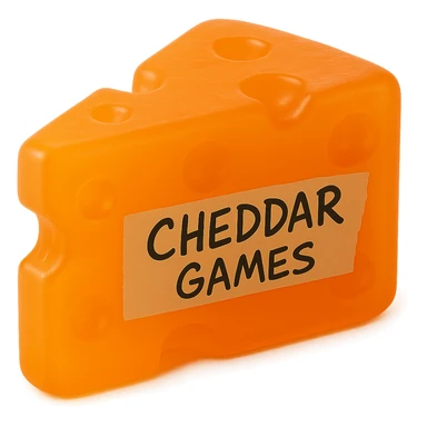 Make the cheddar block much more translucent, with a bright orange gummy bear hue. Keep the classic block shape and Swiss-style holes, soft flat plastic texture, soft reflections, slightly squishy and cloudy appearance, not shiny, glowing a little. Add 'Cheddar Games' written in sharp messy handwriting on tape on the side. No background. Hyper-realistic, retro, and visually stunning style. sticker