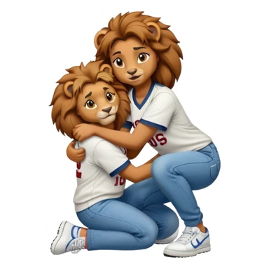 confident anthropomorphised female lion wearing a baseball shirt, jeans, and trainers, crouched on her hunches, comforting another character sticker