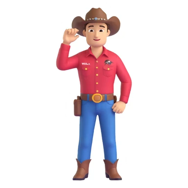 cowboy tipping hat wearing Jurassic Park shirt with logo, standing confidently, friendly expression sticker