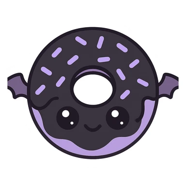 kawaii style gothic donut, cute face, black icing, purple sprinkles, tiny bat wings, playful yet spooky sticker