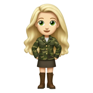 White girl with Long blonde hair and green eyes, camouflage Wool oversize blazer, mini skirt and Brown leather boots  sticker