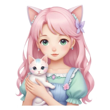  gorgeous-pastel-anime-style-lady-with-blushing-face-and-holding-a-kitten-cottagecore-fairycore-pastelcore-colorful-pearly-romantic-simplistic-aesthetic-trending-style sticker