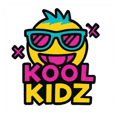 emoji with the text 'KOOL KIDZ' in playful and bold style with decorative crosses sticker