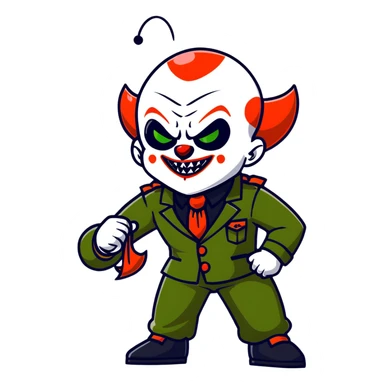 evil clown warrior, bald, short black devil-like horns on forehead, fangs, pointed ears, black and military green leisure suit with bellbottom pants, realistically proportioned, less bulky, full body visible, battle-ready fighting posture sticker