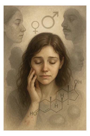 A young woman is surrounded by faint overlays of hormonal symbols and androgen molecules, with shadowy images of acne, facial hair, and oily skin projected around her, symbolizing the symptoms of PCOS with androgen excess. She looks down, gently touching her face with a resigned but hopeful expression, symbolizing her journey toward managing these symptoms. sticker