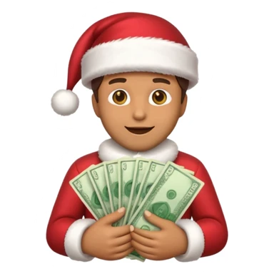 A confident rich emoji face wearing a Santa hat, money stacks, casino vibe, New Year theme, premium 3D emoji style, sharp details, no text, isolated on transparent background sticker