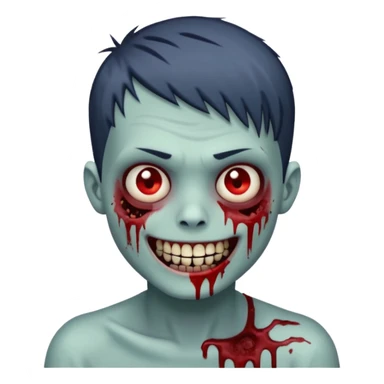 zombie boy with emo short hair, white skin, and white eyes; an open smile, and bloodied teeth; sticker