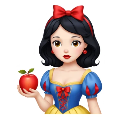 Cinematic Realistic Snow White Portrait, depicted with lifelike skin texture, soft natural lighting, and intricately detailed black hair styled with a red ribbon. Her soft brown eyes radiate innocence and kindness, complemented by a warm, gentle smile. She holds an apple in one hand, her other hand resting against her cheek, embodying her purity and charm. She is dressed in her classic yellow, blue, and red gown, the fabric rich in texture with delicate folds that catch the light beautifully. The portrait features a soft, natural glow with a radiant finish, capturing the essence of timeless beauty in a realistic and painterly style. sticker