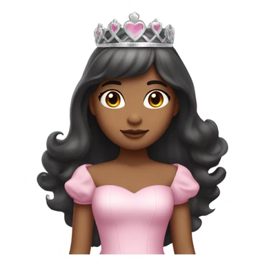 Princess with halo with medium skin tone with long black hair with bang with silver pink heart tiara and pink dress sticker