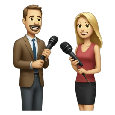 man and woman talkin microphones sticker