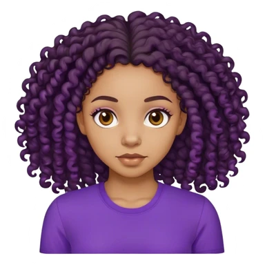 A lightskin black girl with  long 4a curls and purple shirt sticker