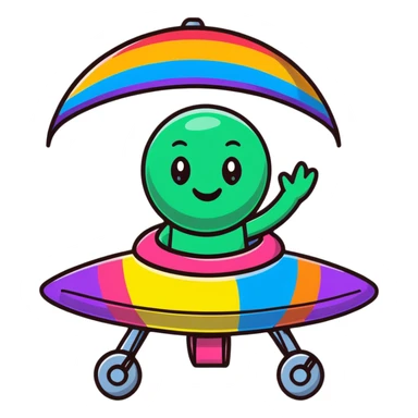 A cheerful rainbow crayon character waving while riding a silver UFO with glowing lights sticker