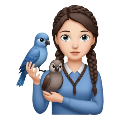 женщина с темно-коричневой косичкой набок и серо-голубыми глазами и светлой кожей держит на руке трех птиц коричневого и серого цвета sticker