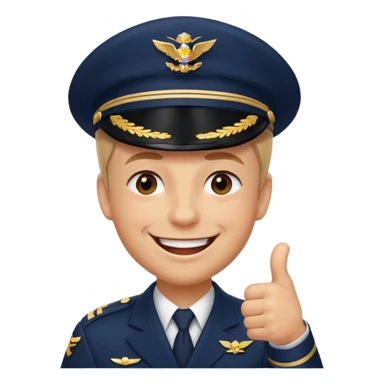 Slack-style emoji of a pilot wearing a slightly tilted navy captain hat, giving a thumbs-up, big cheerful smile, eyes closed or happy squint sticker