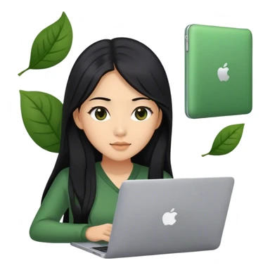 Long hair asian woman working on green laptop with brown eyes sticker