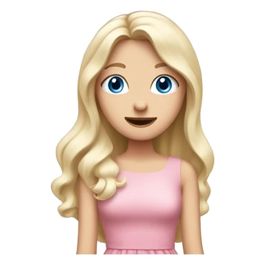 White girl. Long white blonde hair. Blue eyes. Pink dress. Hand in front of mouth shy giggle  sticker