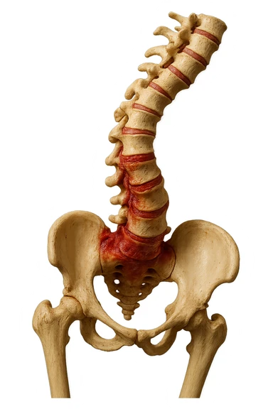 SPINA DORSALE STORTA E INFIAMMATA CON BACINO UMANO ANATOMICO REALISTICO INCLINATO, iperrealistica 4k sticker