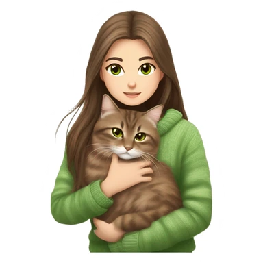 Siberian tappy cat with white paws and green eyes and white nose have a cozy time with a beautiful girl with long brown hair and brown eyes and she wearing a brown sweater  sticker