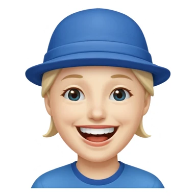 A laughing person wearing a blue hat sticker