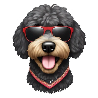 BLACK golden doodle wearing sunglasses with a big smile with human like teeth. Also with a bandanna around its neck that says mums favourite  sticker