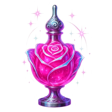 modernus prabangus eliksyro buteliukas, rožės forma, ryški rožinė spalva, holografiniai ir sidabriniai ornamentai, stiprūs magiški švytėjimai ir efektai, labai mažas kaklelis, skaidrus fonas, vientisas dugnas, be šešėlio, plūduriuoja ore, kolekcijos stilius sticker