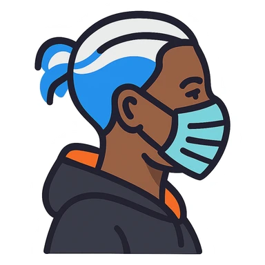 Adjust the hoodie to be black with only the inside and edge of the hood in orange. Keep the Black-skinned man with white and blue hair tied up at the back, blue at the ends and center, wearing a medical mask, right angle view, hairstyle as before. sticker