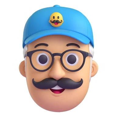 3D smiley emoji, round shape, grandfather with mustache, glasses, blue cap, blue color, smiling face sticker