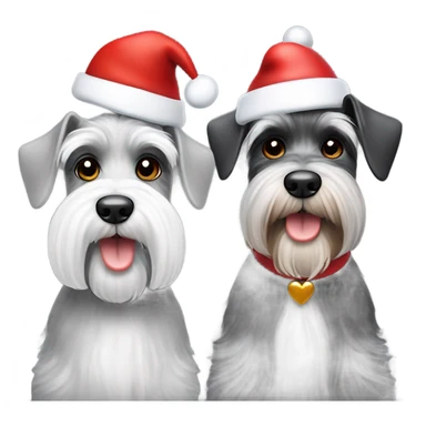 2 miniature schnauzers, 1 grey and 1 black and white, wearing Christmas hats with a heart above them sticker