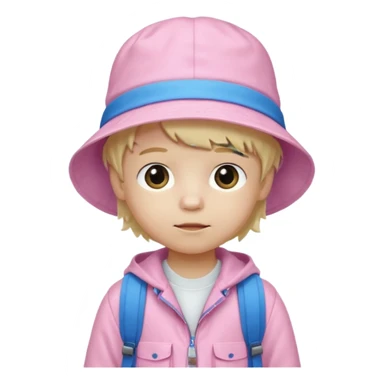 A little boy student white skin, blonde hair, with pink bucket hat, white jacket, blue backpack sticker