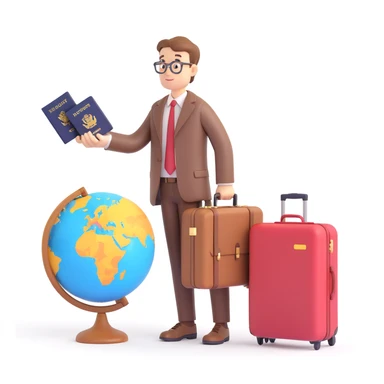 an emoji representing an expat, a person with a suitcase and a passport, looking at a globe sticker
