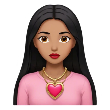 Woman,Medium brown skin,super long black straight hair, medium brown arched eyebrows, full lashes, red nude lips, gold heart locket, pink shirt sticker