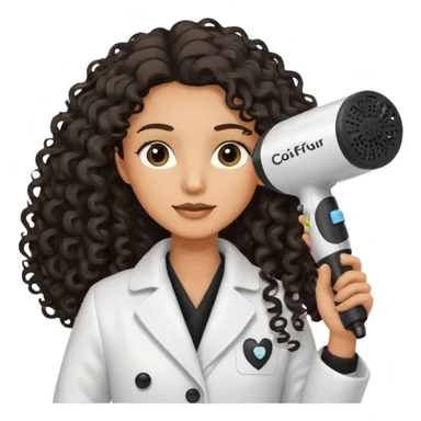 Parrucchiera con il phon in mano e la scritta coiffeur assunta capelli neri e ricci lunghi sticker