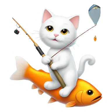 super cute white cat with orangey tail holding a fishing rod with a fish on the end sticker